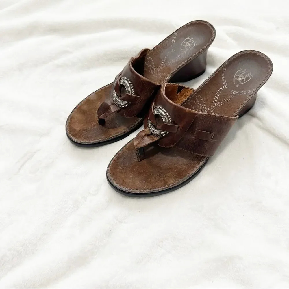 Ariat Brown Leather Sandals t strap with Silver Accent size 9 wedge cowgirl